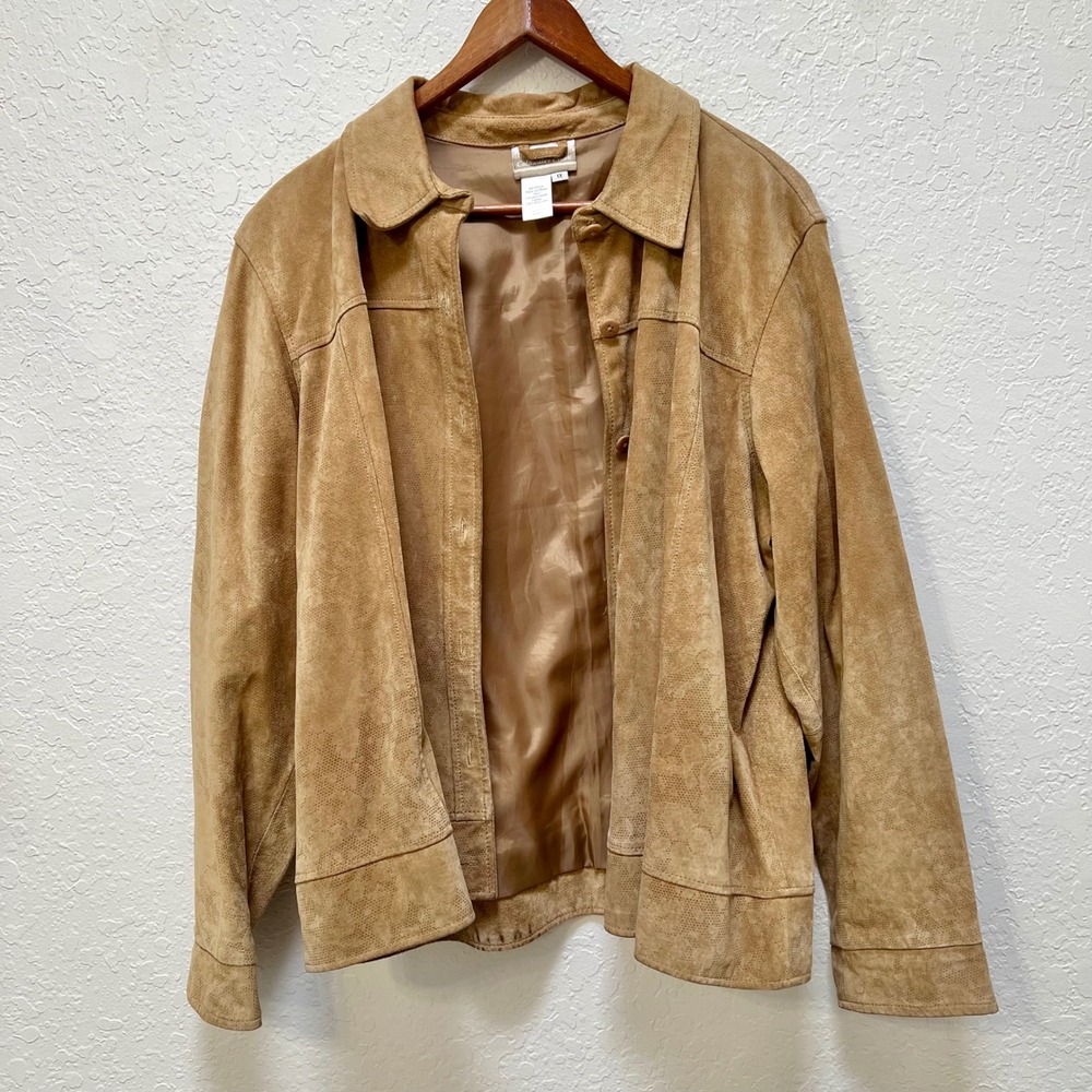 Coldwater Creek Tan Genuine Suede Leather Snakeskin Embossed Jacket Womens 1X